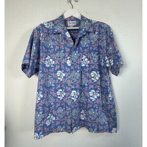 Kai Nani Button Up Hawaiian Shirt Mens XL Blue Floral Pink Beach Aloha USA Made